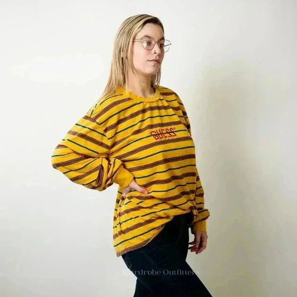 Vintage 90s GUESS Striped Long Sleeve Tee - L - Picture 4 of 7
